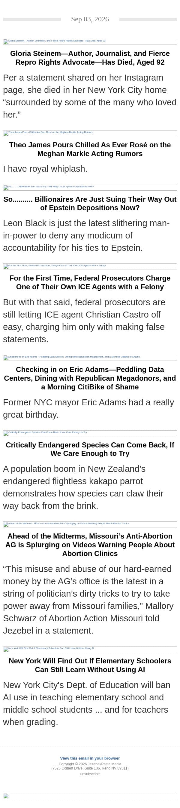 RIP to the Legend Gloria Steinem, Billionaires Hiding from Epstein, AI Bans in Schools email from Jezebel screenshot