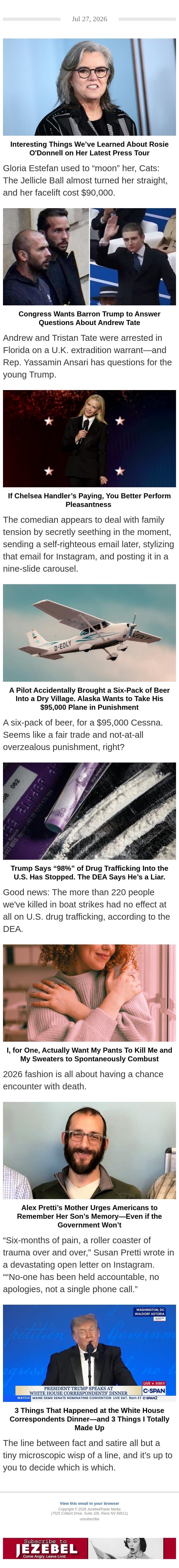 Chelsea Handler Gets Snippy, Trump's Cocaine Fantasy, Zara's "Death Pants" email from Jezebel screenshot
