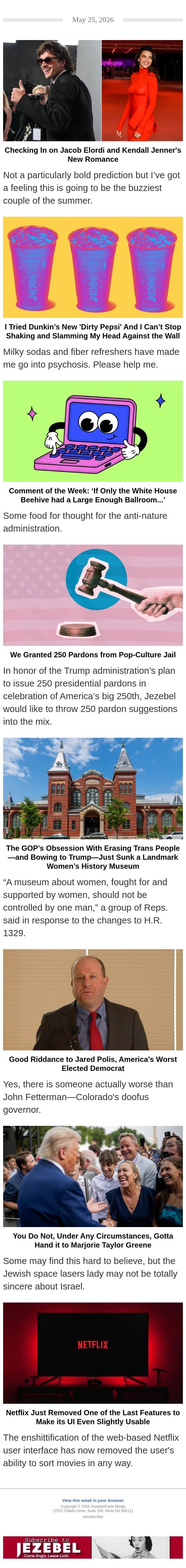 Jacob Elordi + Kendall Jenner, 250 Pop Culture Pardons, A Worse Democrat than Fetterman email from Jezebel screenshot