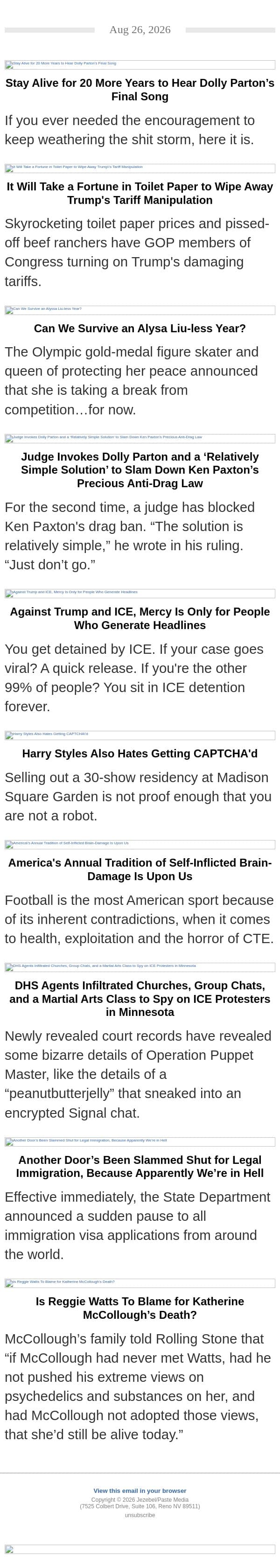 Dolly Parton's Final Song, Skyrocketing Toilet Paper Costs, Alysa Liu, Harry Styles email from Jezebel screenshot