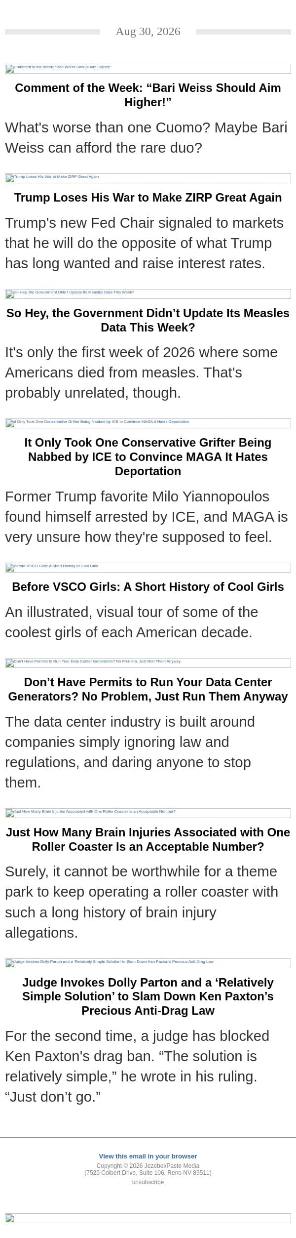 Trump Loses His War on Rate Hikes, A History of Cool Girls, Measles Keeps Surging email from Jezebel screenshot