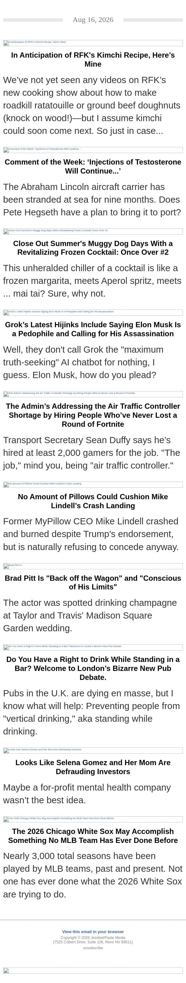 A Chilling Frozen Cocktail, Mike Lindell Goes Splat, Comment of the Week email from Jezebel screenshot
