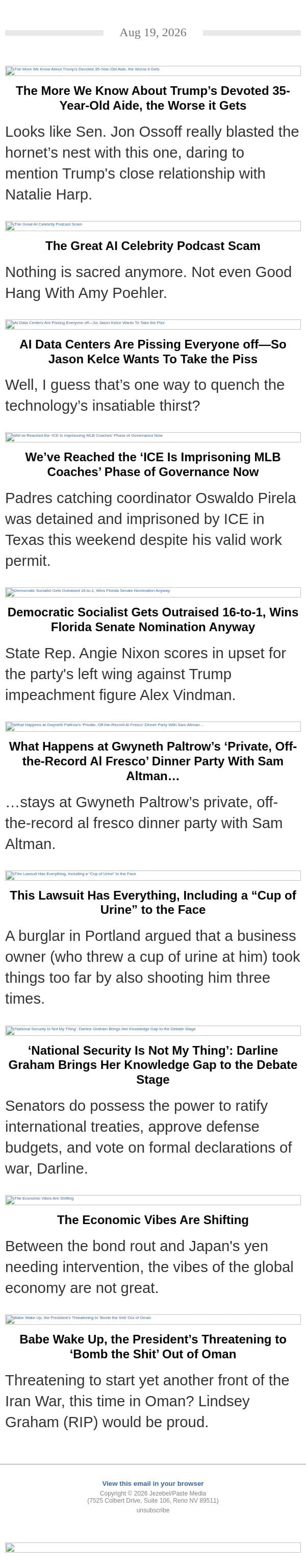 Trump's "Devoted" 35-Year-Old Aide, The Great AI Celebrity Podcast Scam email from Jezebel screenshot