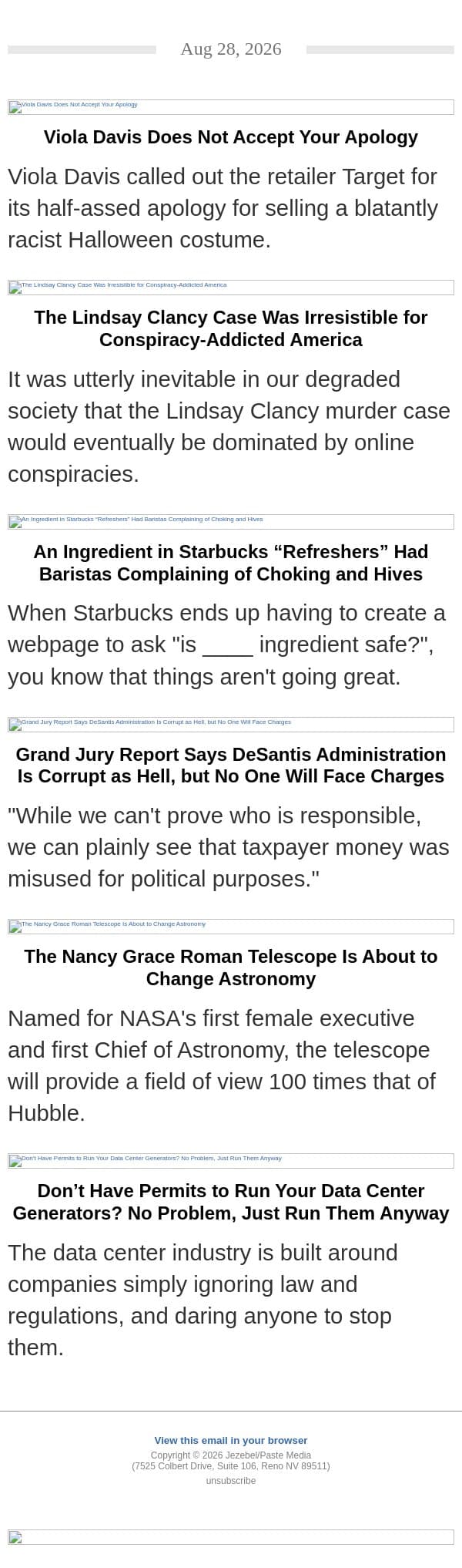Viola Davis vs. Target, Lindsay Clancy Conspiracies, DeSantis' Comical Corruption email from Jezebel screenshot