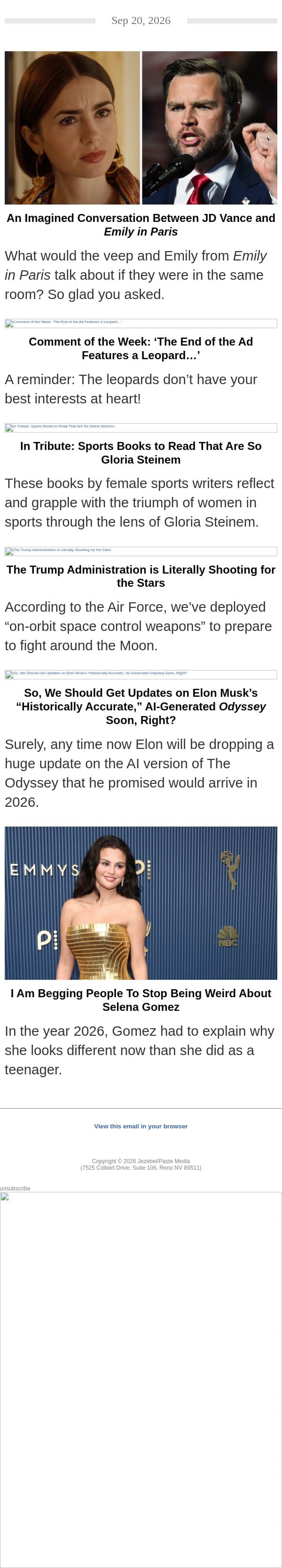 What Would a Conversation Between JD Vance and Emily from Emily in Paris Sound Like? email from Jezebel screenshot