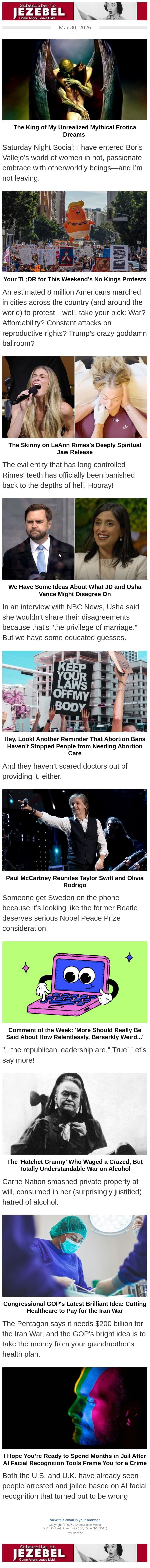 Your TL;DR for This Weekend’s No Kings Protests email from Jezebel screenshot