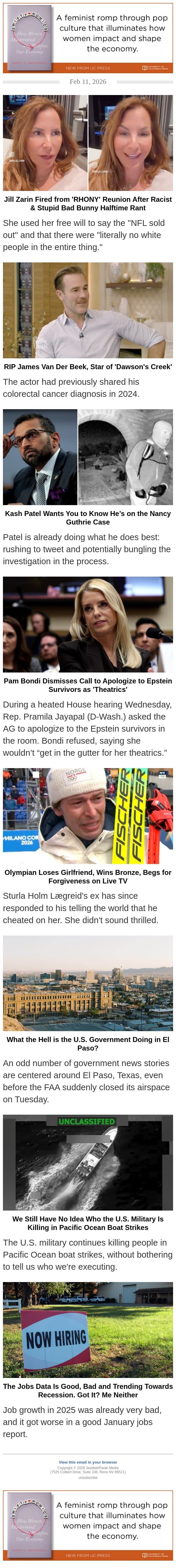 Pam Bondi Dismisses Call to Apologize to Epstein Survivors as ‘Theatrics’ email from Jezebel screenshot
