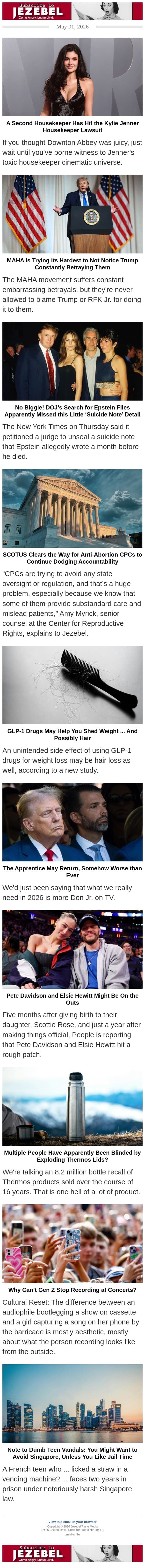 Kylie Jenner's Lawsuits, Trump vs. MAHA, Exploding Thermos Lids email from Jezebel screenshot