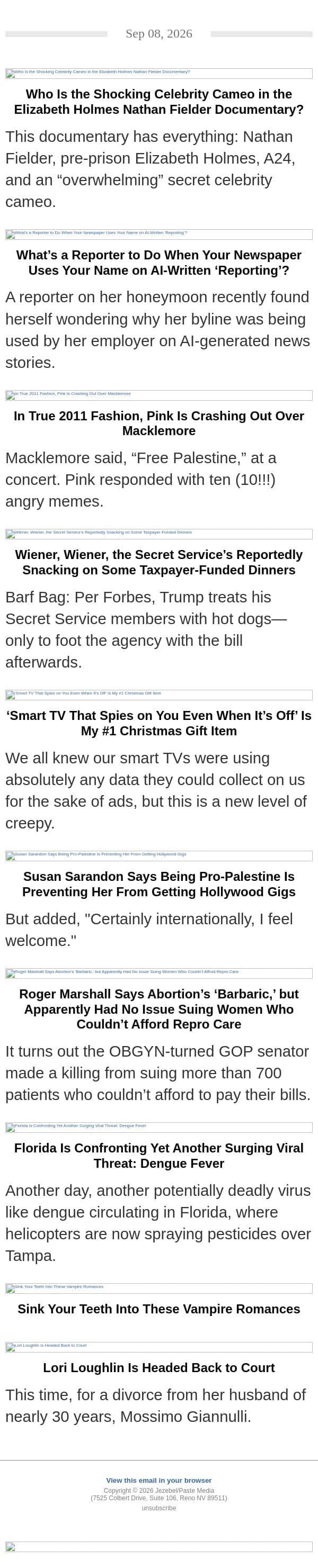 The Creepy Elizabeth Holmes Documentary, Pink vs. Macklemore, AI Newspaper "Reporting" email from Jezebel screenshot