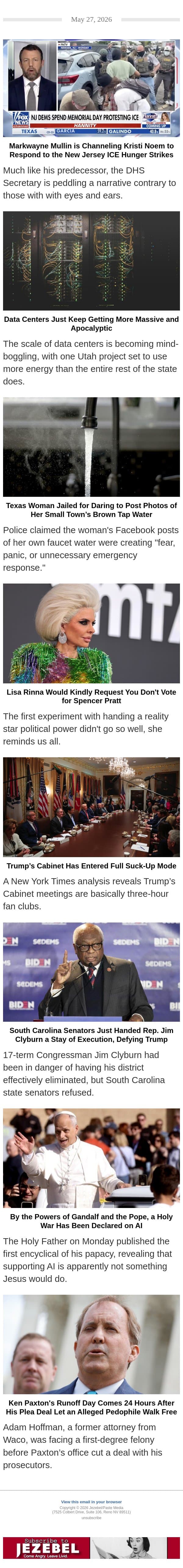 ICE Hunger Strikes, Data Center Apocalypse, Toxic Tap Water email from Jezebel screenshot