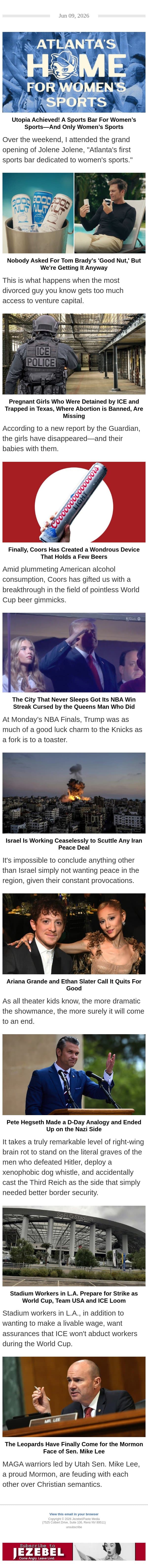 The Rise of Women's Sports Bars, Tom Brady's "Good Nut," Trump Curses the Knicks email from Jezebel screenshot