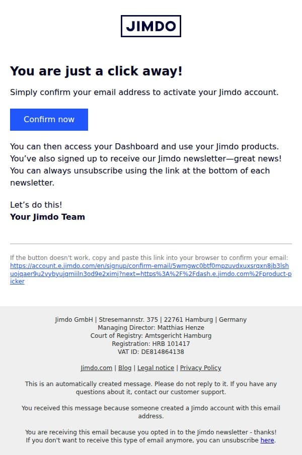 [Jimdo] Please confirm your email address email from Jimdo screenshot