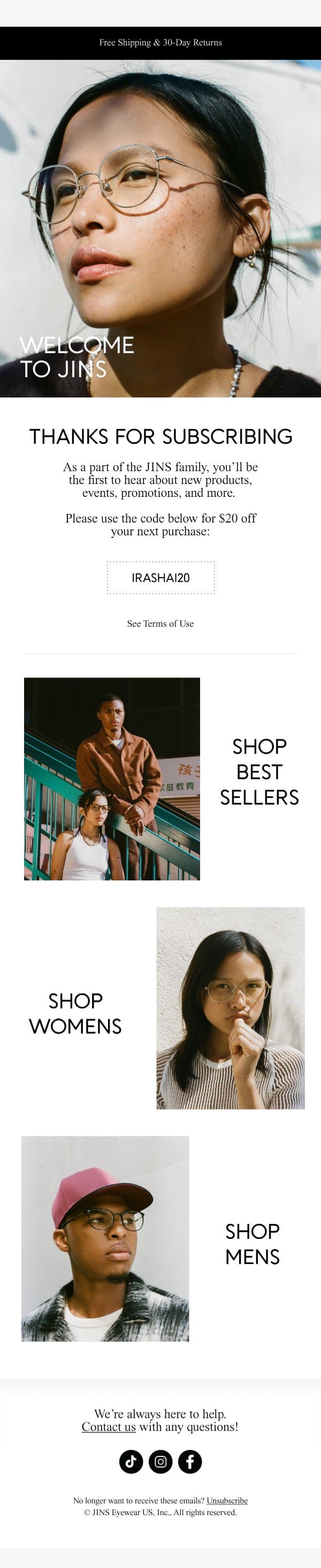 Welcome to JINS! email from Jins screenshot