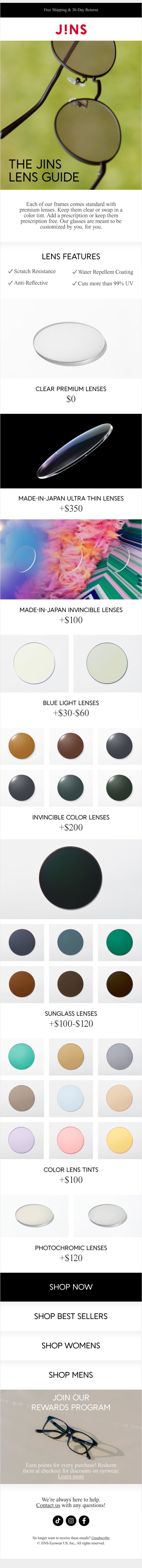 Your Guide to Our Lens Options email from Jins screenshot