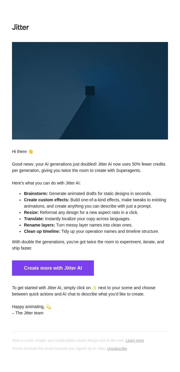 You just got 2× AI generations 🚀 email from Jitter screenshot