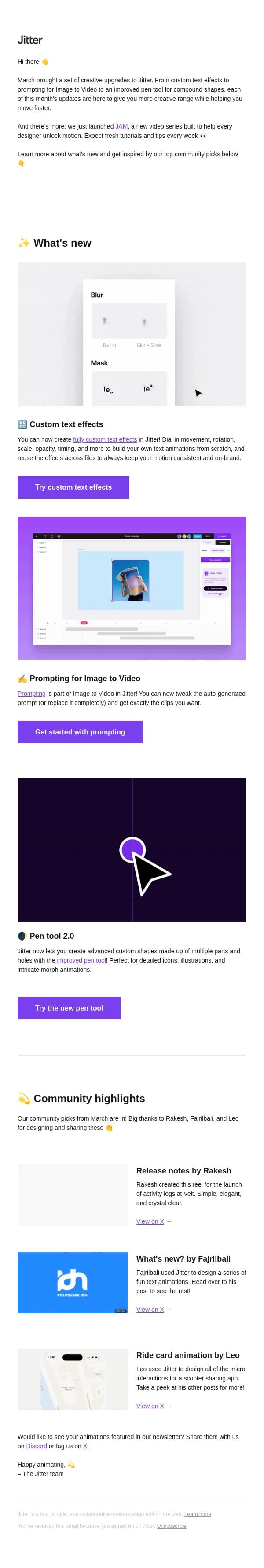 ✨ New in Jitter: Custom text effects, prompting for Image to Video, and more email from Jitter screenshot