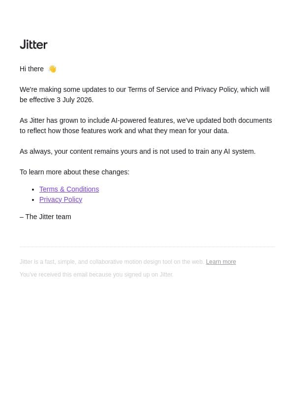 Update to Jitter's Terms & Conditions and Privacy Policy email from Jitter screenshot