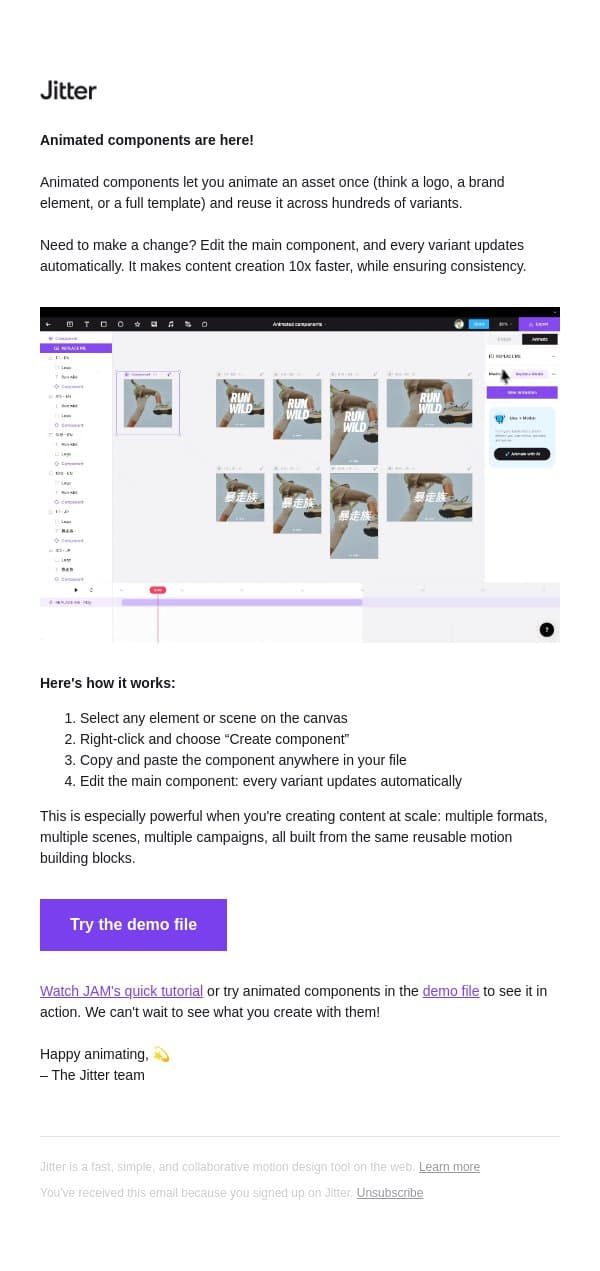How to use animated components email from Jitter screenshot