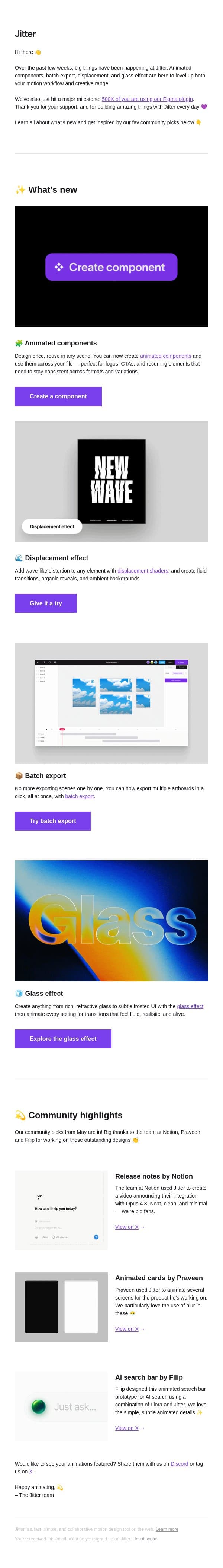 ✨ New in Jitter: Animated components, displacement, batch export, and more email from Jitter screenshot