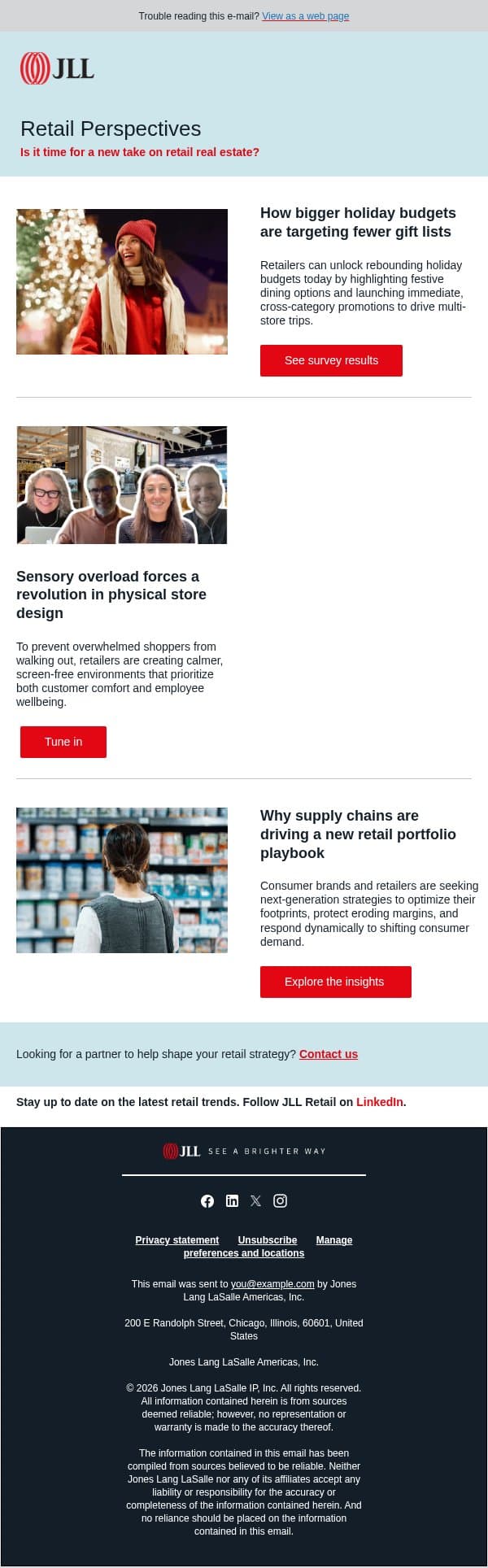 From holiday budgets to calm store design: The new rules of retail email from JLL screenshot