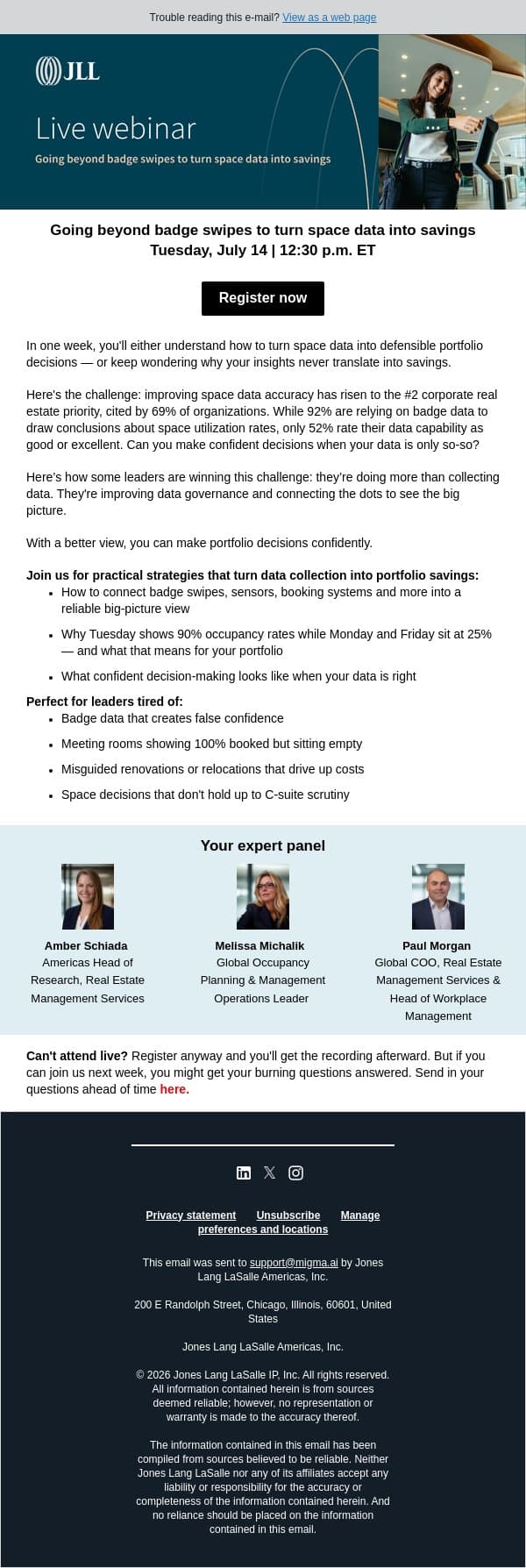 Webinar in 7 days: Beyond badge swipes email from JLL screenshot