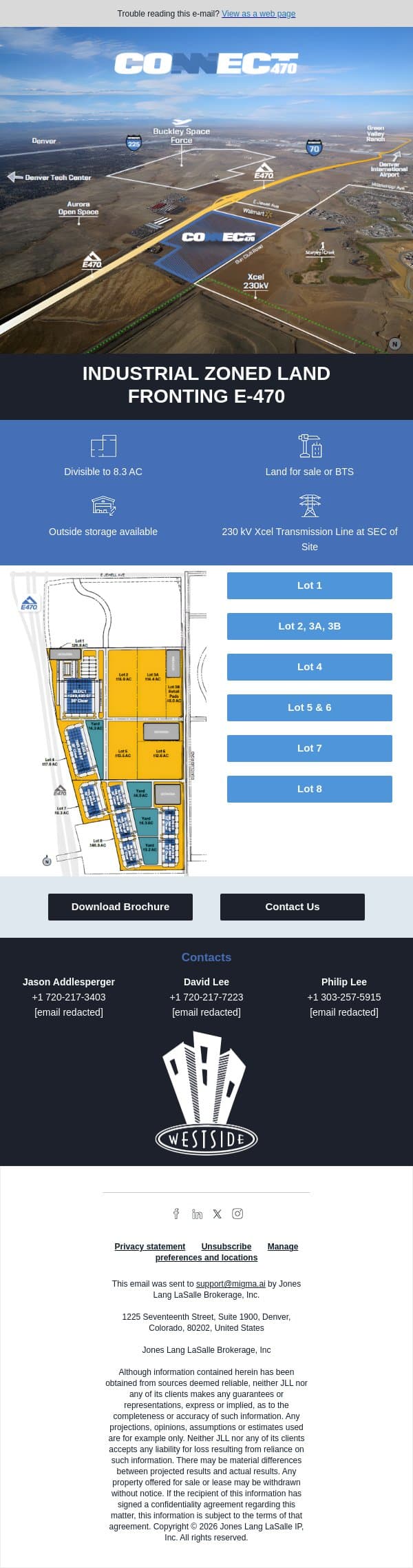 Connect 470 | 173.1 Acres Divisible to 8.3 Acres | E-470 Frontage & Outside Storage Available email from JLL screenshot