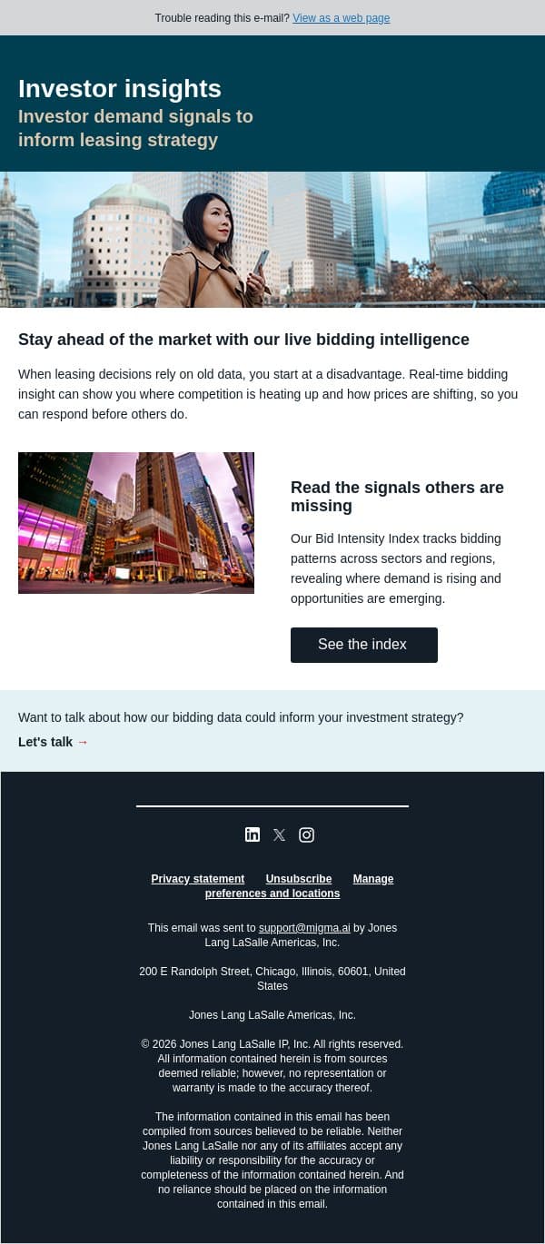 CRE investment demand signals worth tracking email from JLL screenshot
