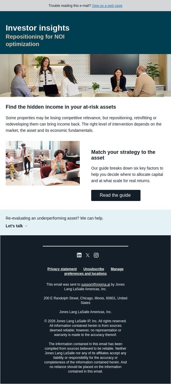 See potential in every underperforming asset email from JLL screenshot
