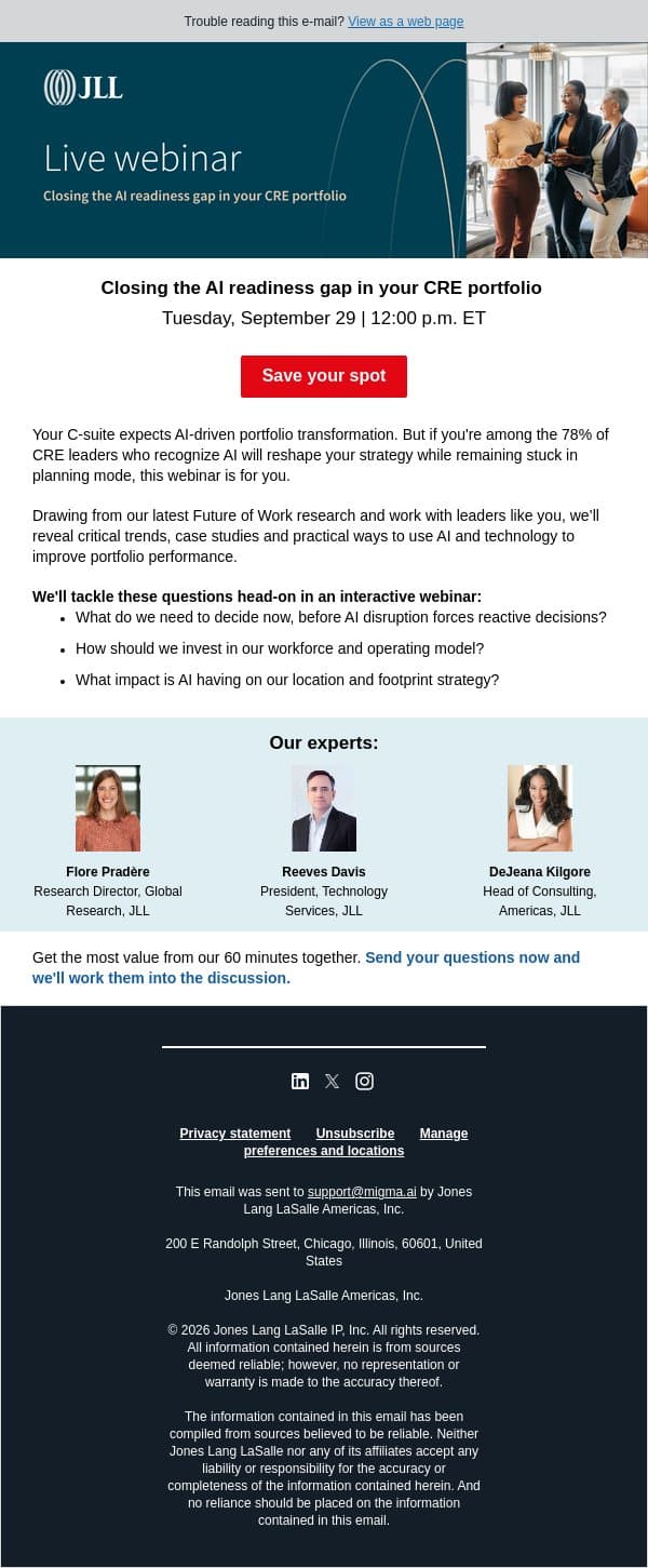 Your AI readiness gap is showing (webinar 9/29) email from JLL screenshot