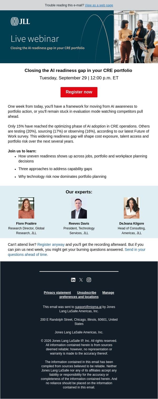 Next week: close your AI readiness gap email from JLL screenshot