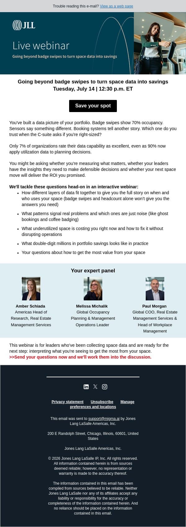 Is your space data lying to you? (webinar July 14) email from JLL screenshot
