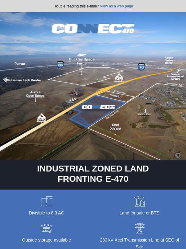 Connect 470 | 173.1 Acres Divisible to 8.3 Acres | E-470 Frontage & Outside Storage Available email from JLL