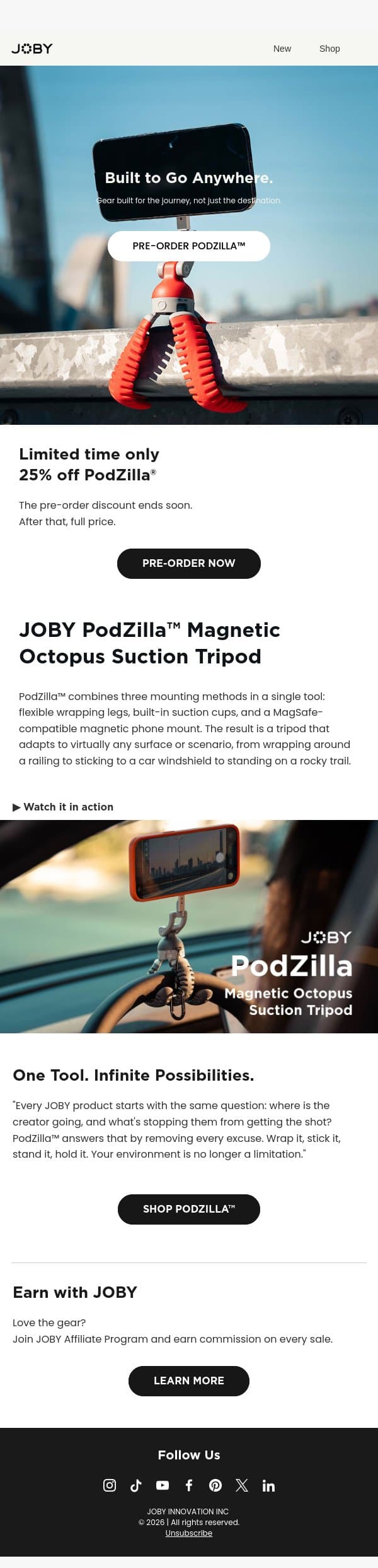 Limited Time Offer — Save 25% on PodZilla® Suction Tripod email from Joby screenshot