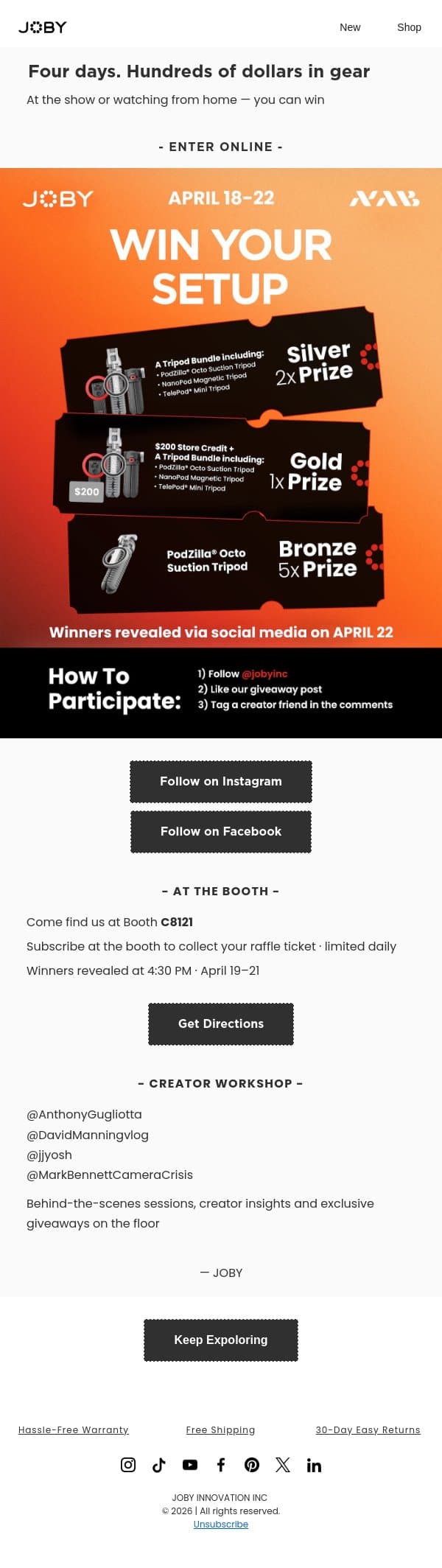 NAB 2026 · JOBY Giveaway email from Joby screenshot