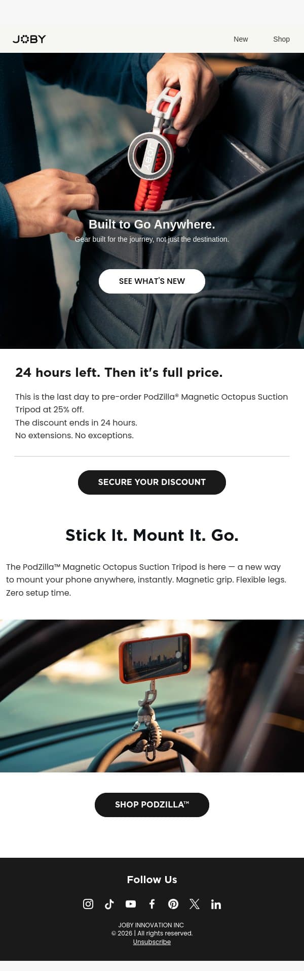 Last 24 hours. 25% off ends tonight. email from Joby screenshot