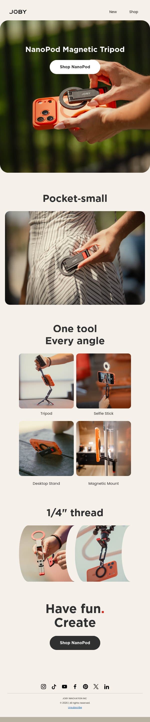 Meet JOBY NanoPod Magnetic Tripod email from Joby screenshot