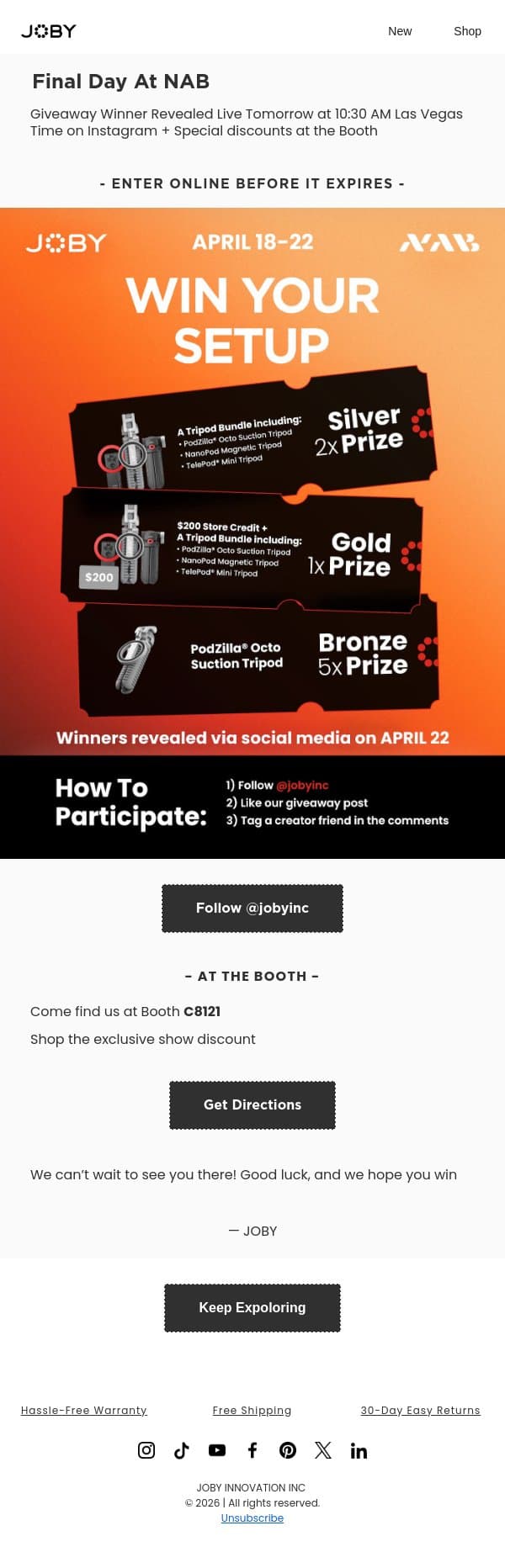 Giveaway Winner Live Tomorrow email from Joby screenshot