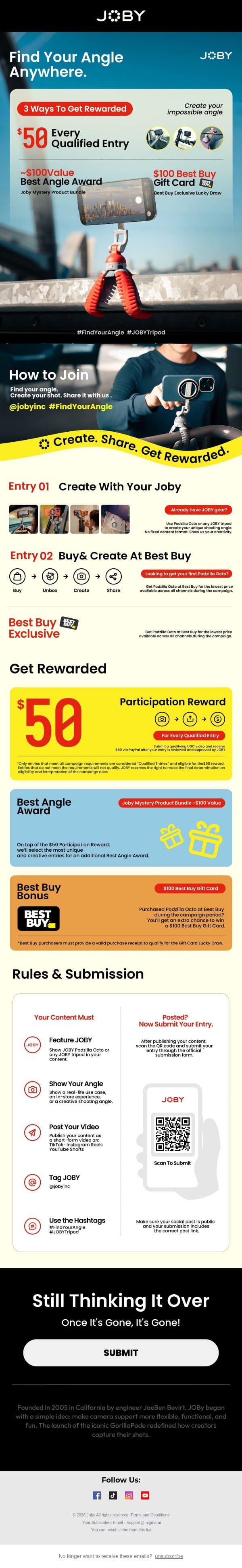 Show Us Your Angle — Earn $50 + More email from Joby screenshot