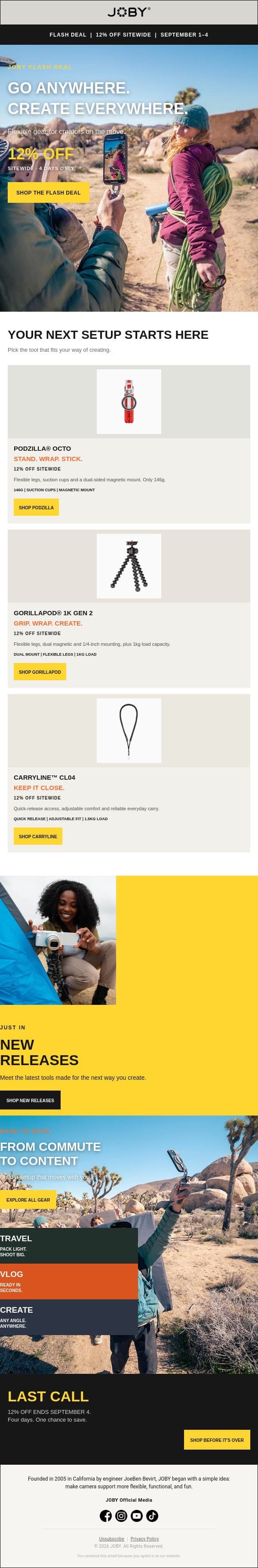 JOBY Flash Deal | 12% OFF Sitewide | Limited September 1-4. email from Joby screenshot