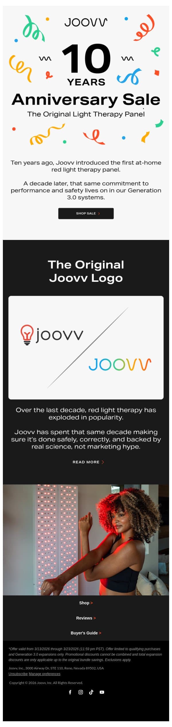 10 years of Joovv: anniversary discounts email from Joovv screenshot
