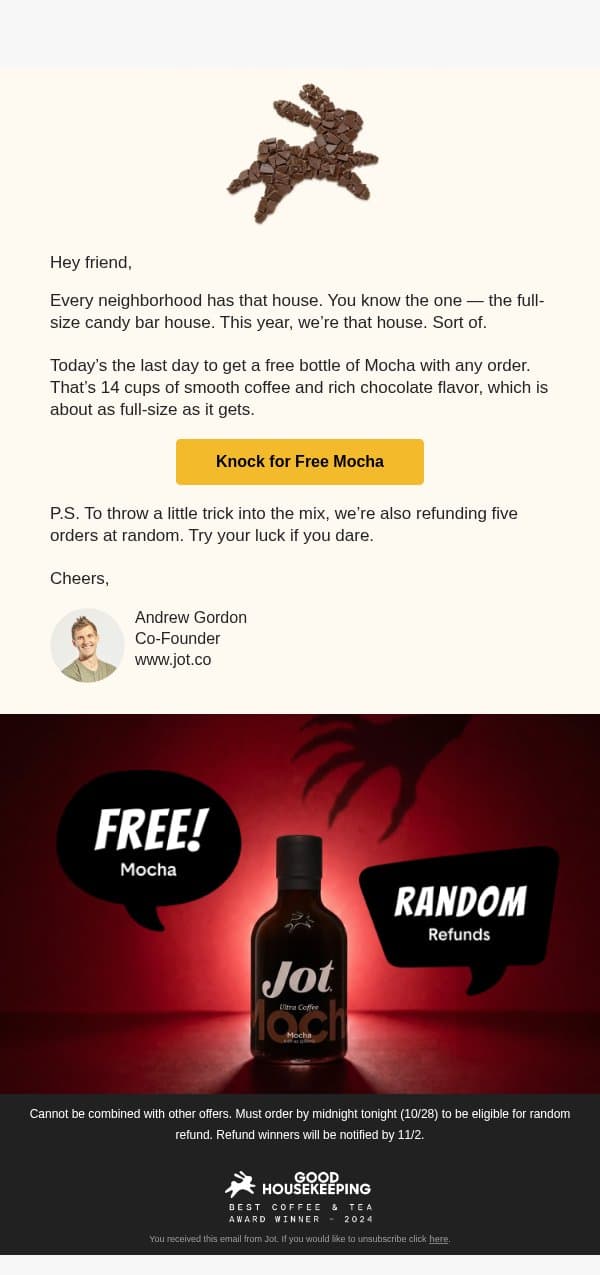 Free Mocha 'til midnight. Mwahaha! email from Jot screenshot