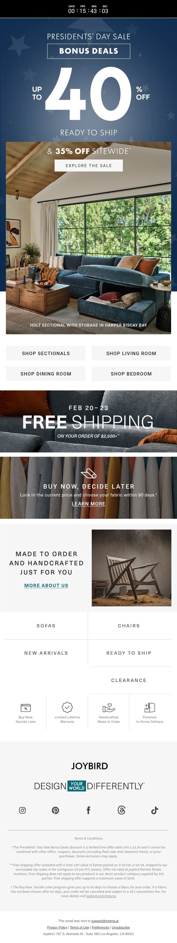 Up to 40% off Ready to Ship pieces email from Joybird screenshot