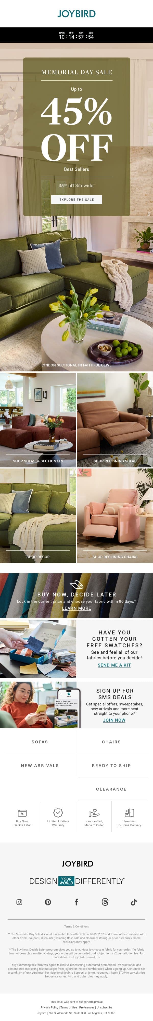 🎉 Memorial Day Sale is live! email from Joybird screenshot