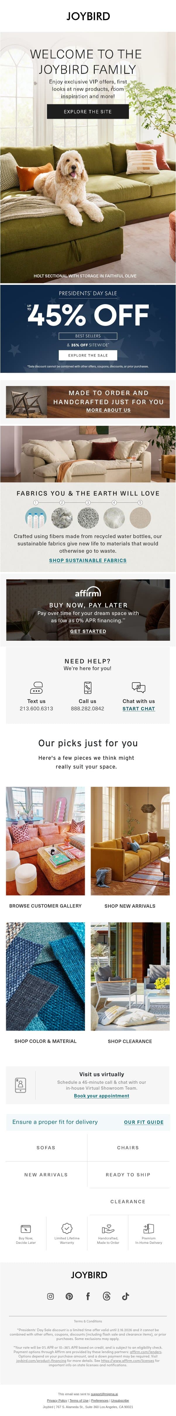 🎉 Welcome to the Joybird family Valued Customer! email from Joybird screenshot