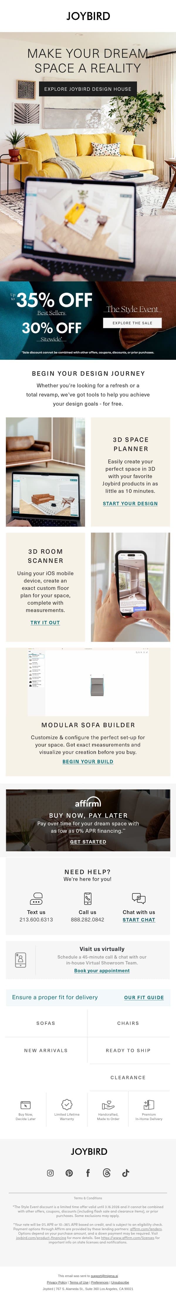 ✨ 3 free tools to bring your dream room to life. email from Joybird screenshot