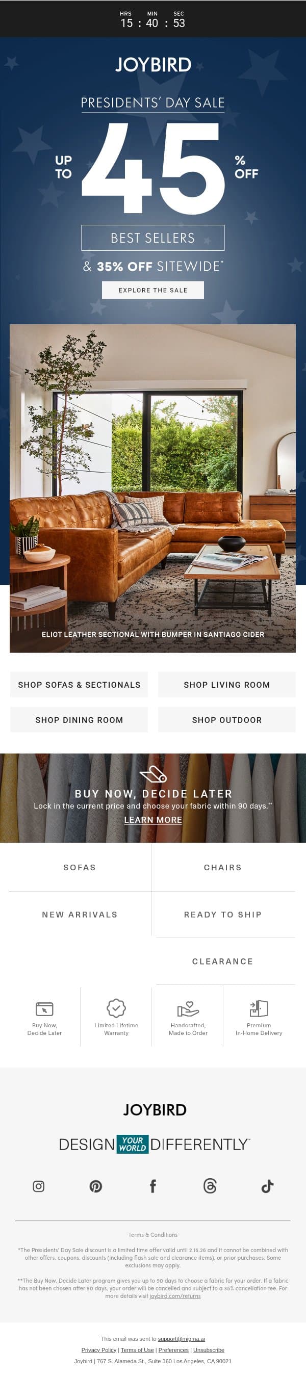 👋 Say goodbye to Presidents' Day Savings email from Joybird screenshot