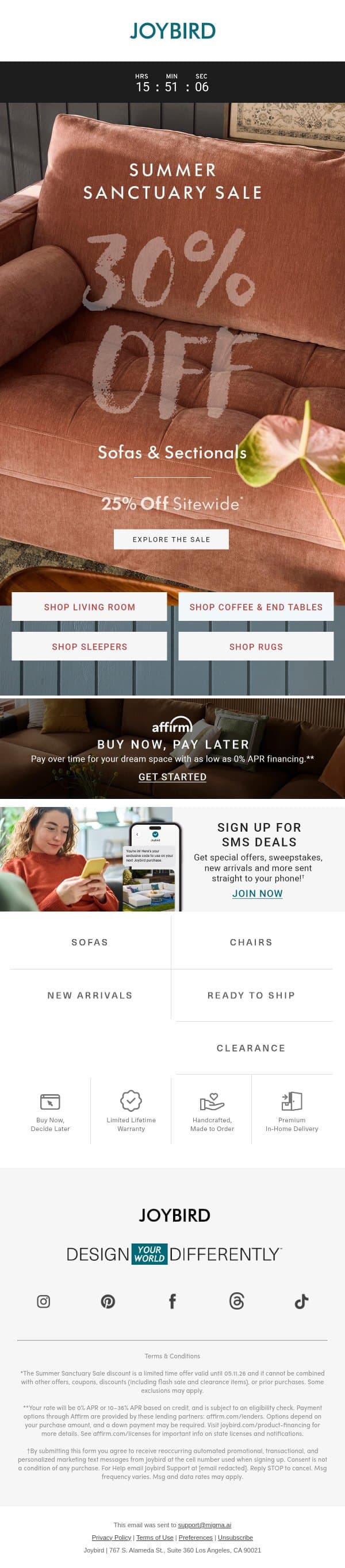 👋 Say goodbye to 30% off sofas & sectionals email from Joybird screenshot