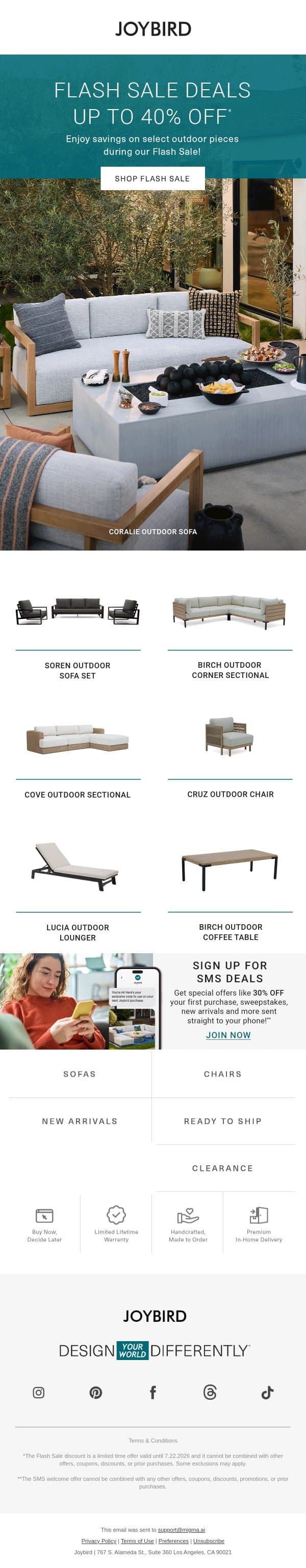 ⚡️Flash Sale: Outdoor up to 40% off! email from Joybird screenshot