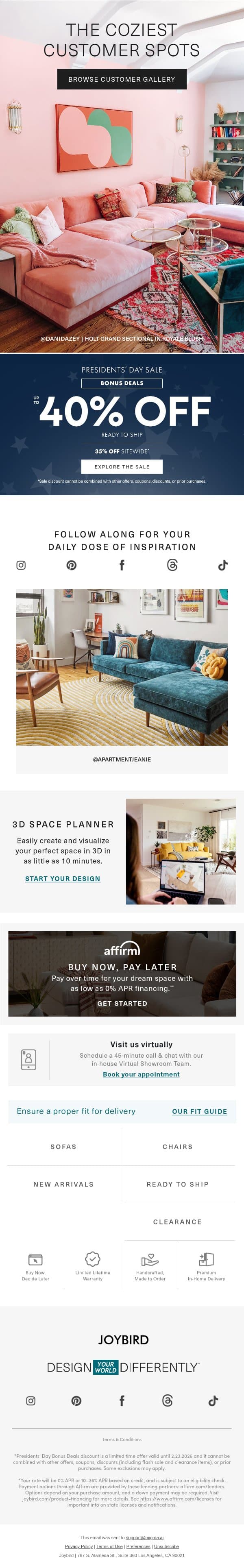 🥰 This just in - inspiring customer spaces email from Joybird screenshot