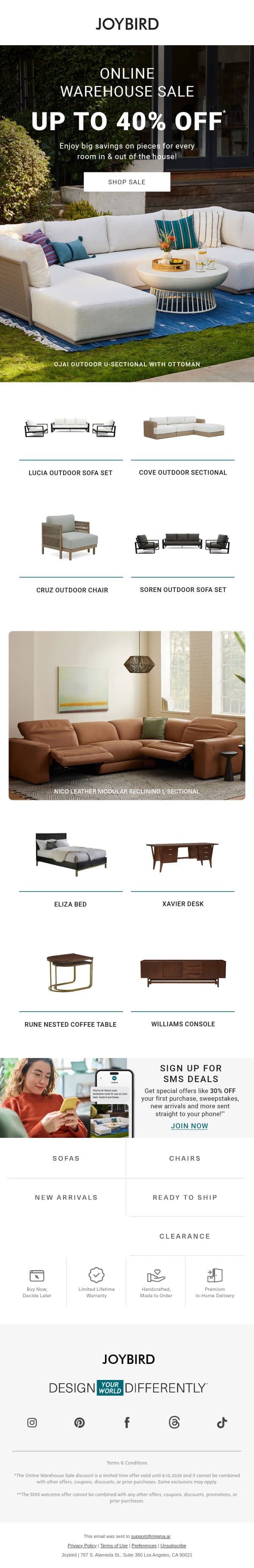 🛒 Online Warehouse Sale: up to 40% off email from Joybird screenshot